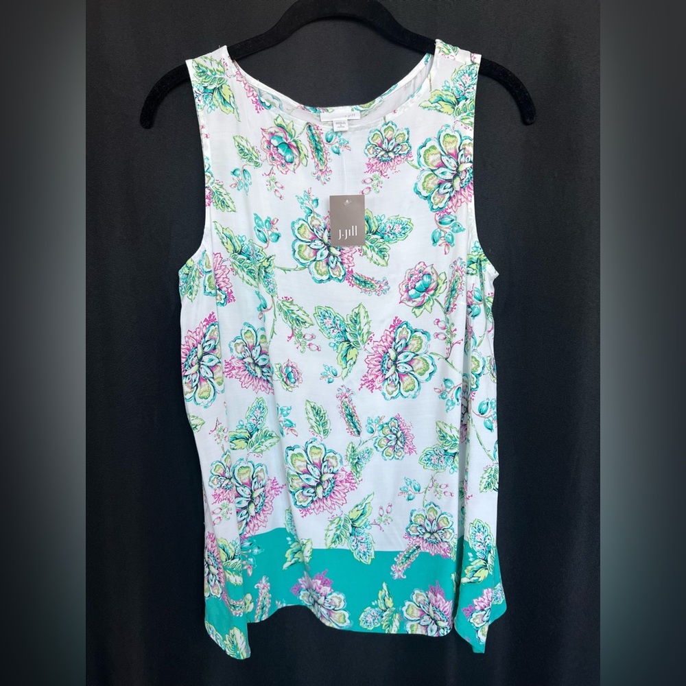🆕 🌸 NWT J. JILL Teal, White Lush Floral Sleeveless Tank | Women’s Small Petite